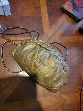 Vintage Gold Ruched Leather Clamshell Bag With Diamond & Gold Studs